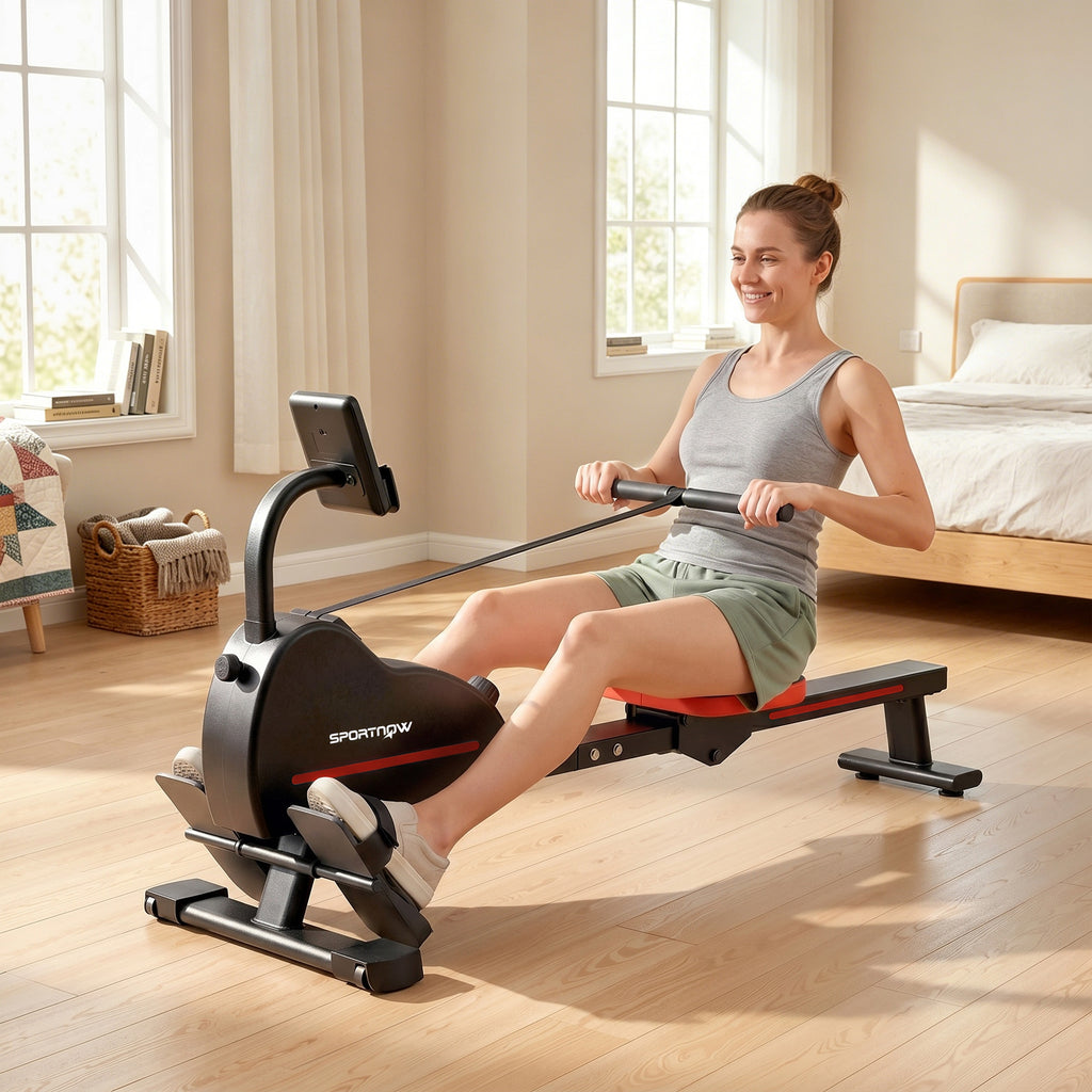 Rameur Musculation d'Appartement Bluetooth Connecté Kinomap & Zwift 16 Niveaux Résistance Silencieux 135x42x72cm Rouge