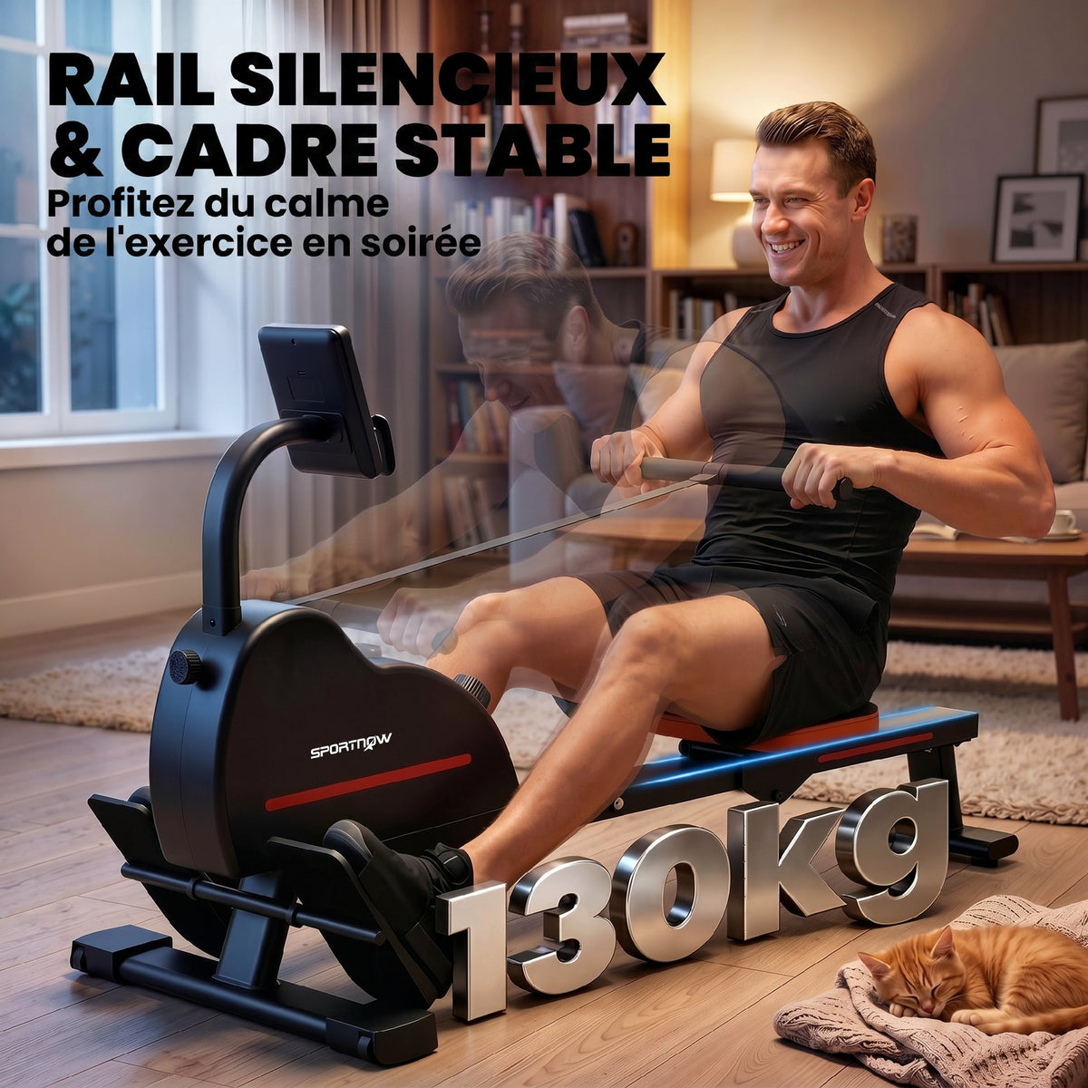 Rameur Musculation d'Appartement Bluetooth Connecté Kinomap & Zwift 16 Niveaux Résistance Silencieux 135x42x72cm Rouge
