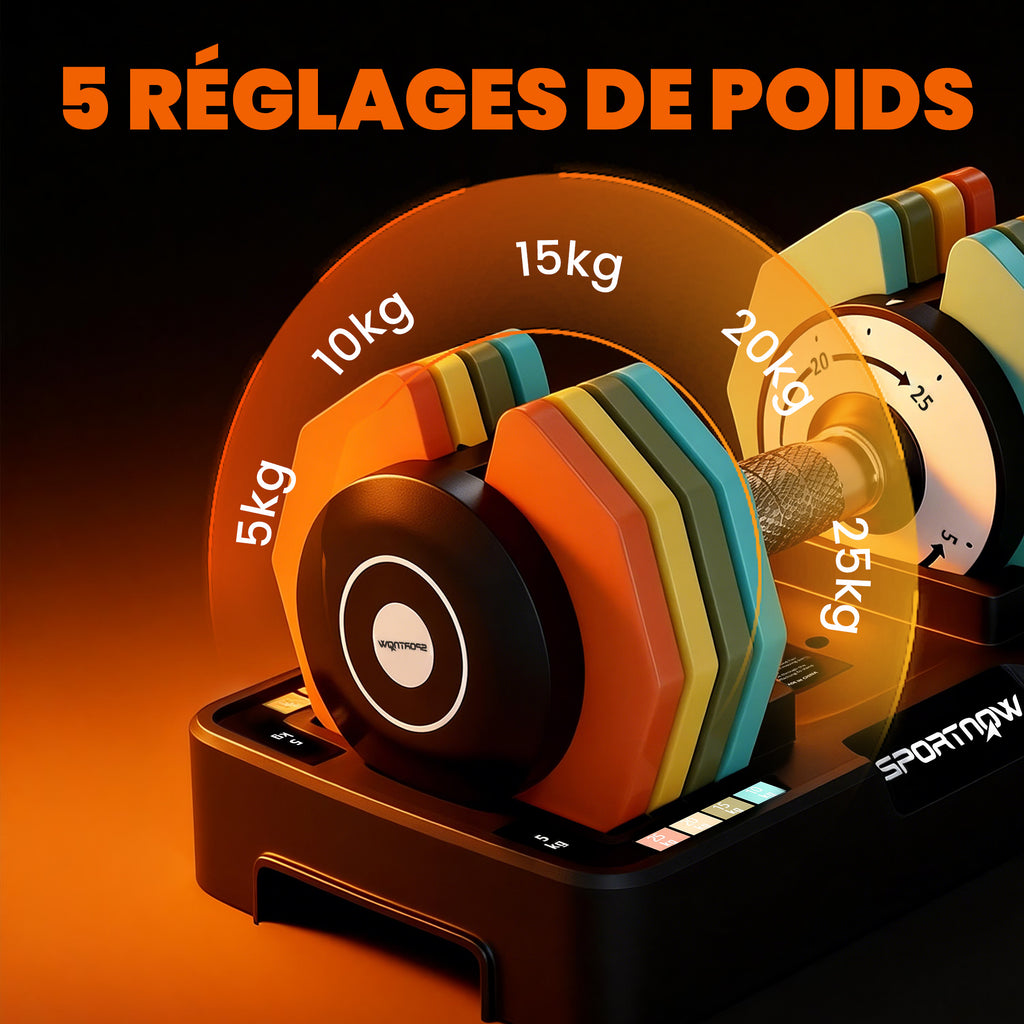 Haltère réglable 5 à 25 kg avec base de rangement 5 niveaux de poids, poignée antidérapante disques d'haltères octogones