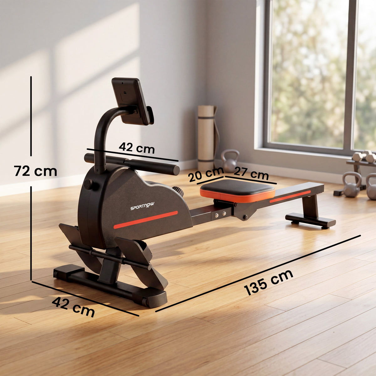 Rameur Musculation d'Appartement Bluetooth Connecté Kinomap & Zwift 16 Niveaux Résistance Silencieux 135x42x72cm Rouge