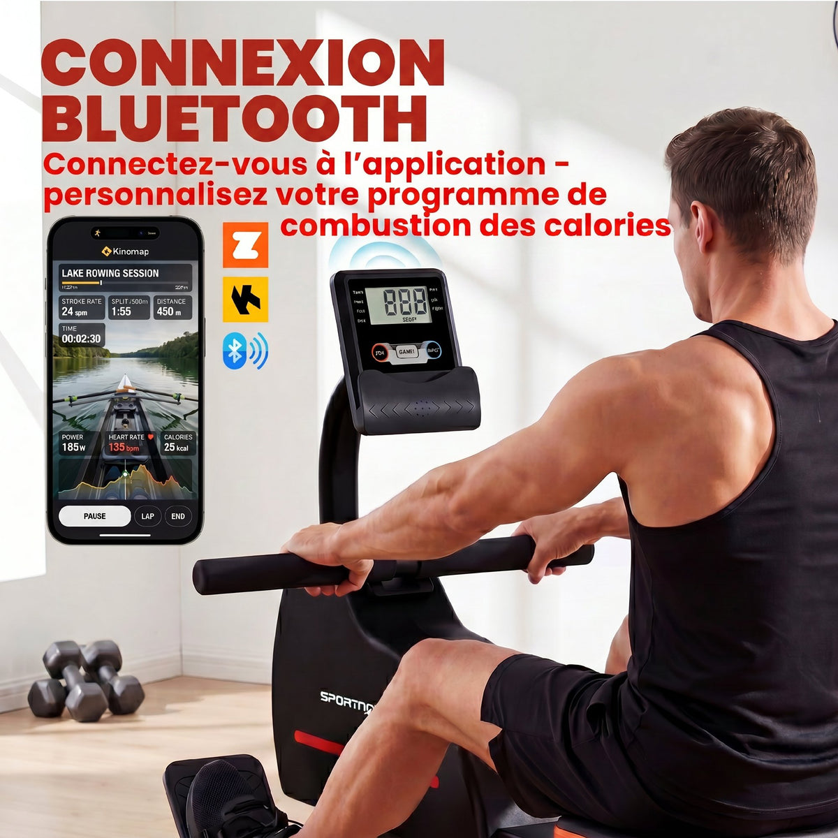 Rameur Musculation d'Appartement Bluetooth Connecté Kinomap & Zwift 16 Niveaux Résistance Silencieux 135x42x72cm Rouge