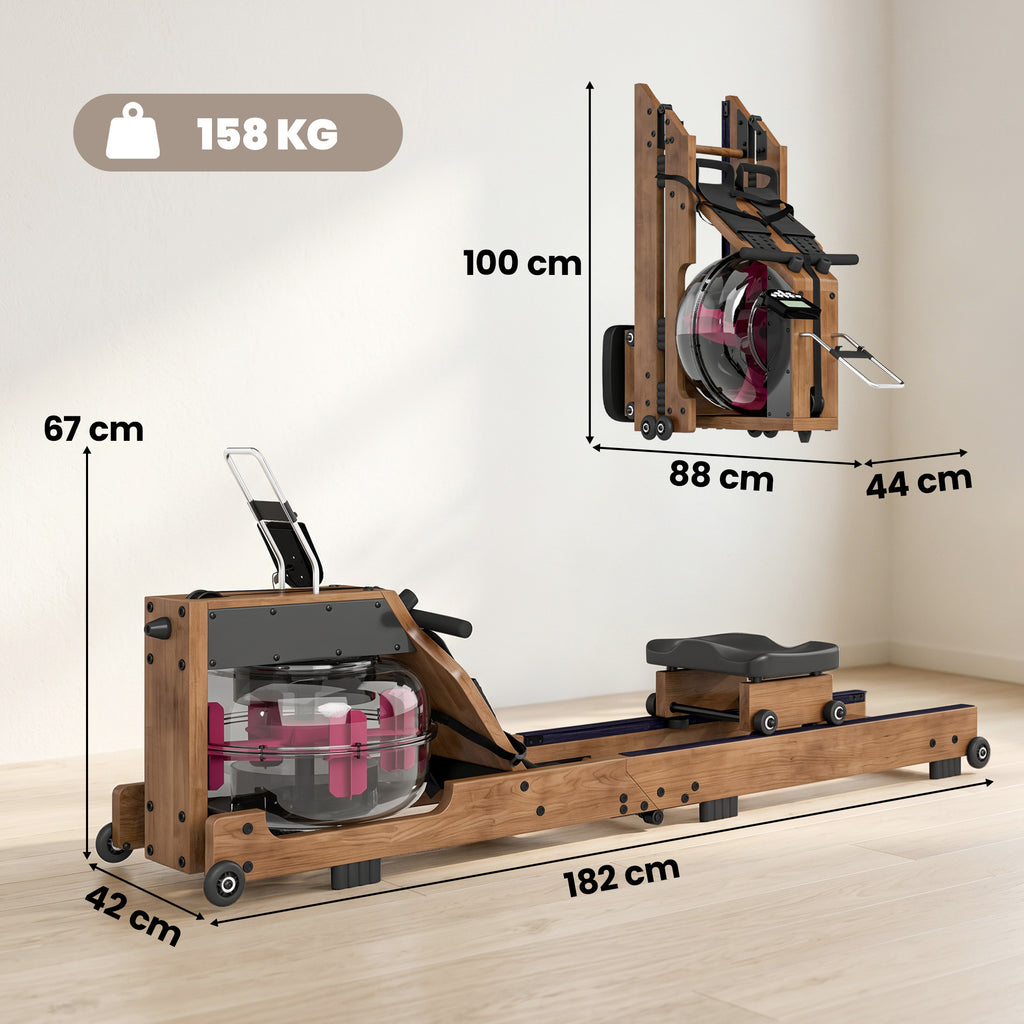 Rameur à Eau Rameur Appartement Pliable Double Rail Aluminium Capacité 158kg Connexion Bluetooth 182x42x67cm Chêne