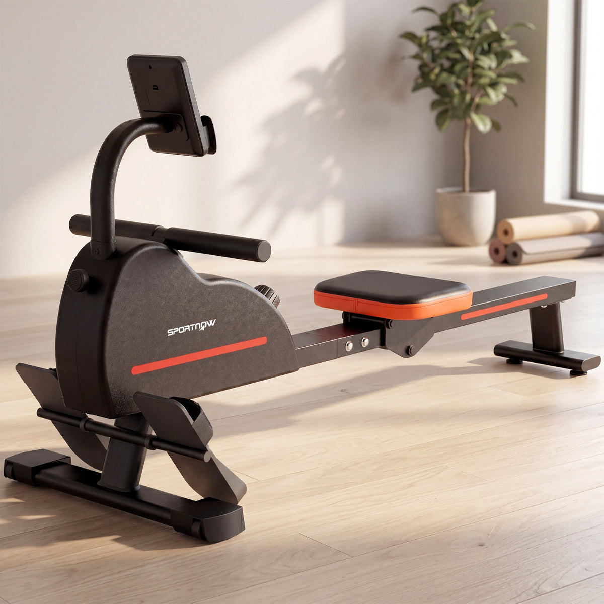 Rameur Musculation d'Appartement Bluetooth Connecté Kinomap & Zwift 16 Niveaux Résistance Silencieux 135x42x72cm Rouge