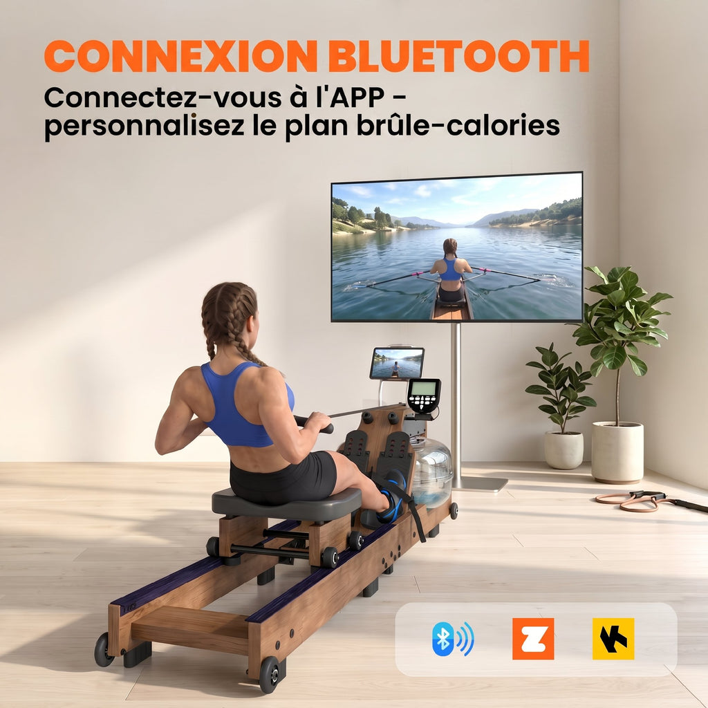 Rameur à Eau Rameur Appartement Pliable Double Rail Aluminium Capacité 158kg Connexion Bluetooth 182x42x67cm Chêne